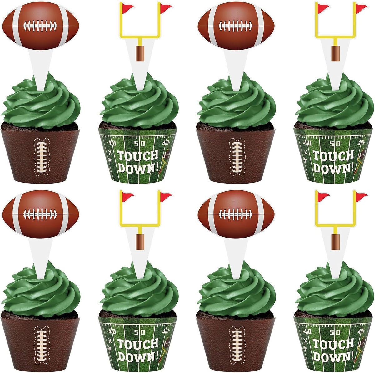 Hxezoc football cupcake toppers and wrappers set with brown and green football designs - view 2
