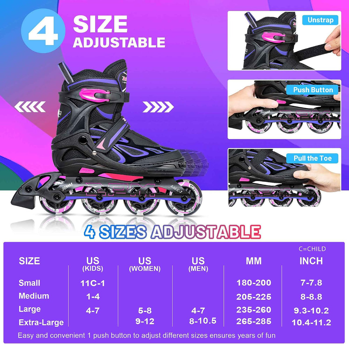 2PM SPORTS Adjustable Inline Skates for Kids, Youth and Adults - Violet & Magenta / Large - Youth (4.5-8 US) - image 2
