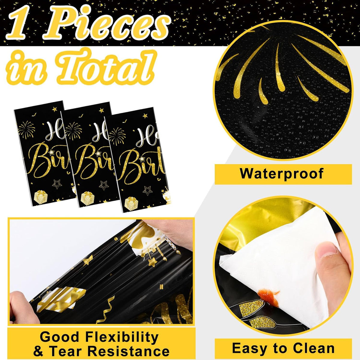 Tudomro 3 Pcs Plastic Happy Birthday Party Tablecloths - Black Gold / 6 - image 2