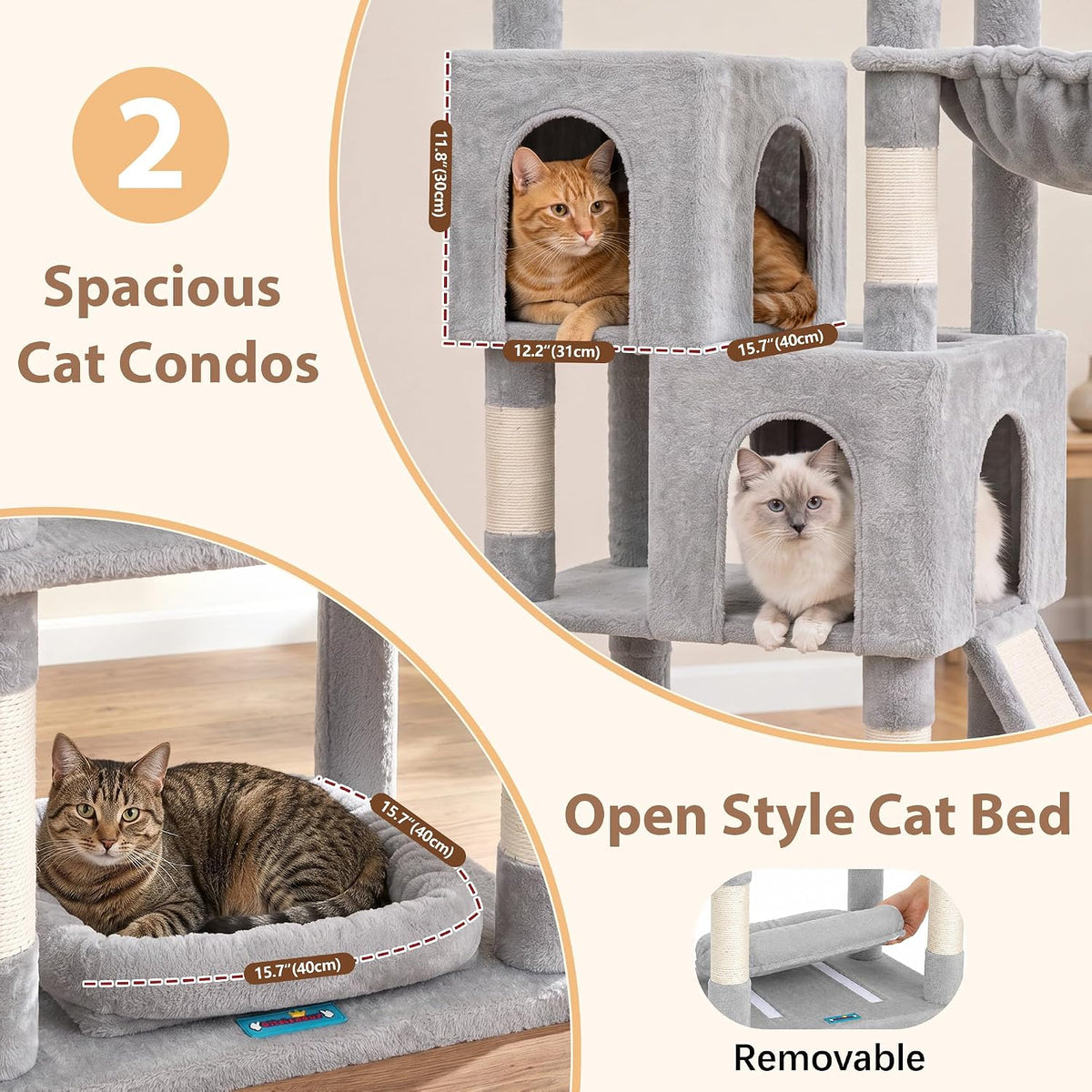 Cat Tree Tower 42'' with Condo, Indoor Scratching Post GCT005SG – Essentials for Cats - Light gray / 74.4 inch - image 3
