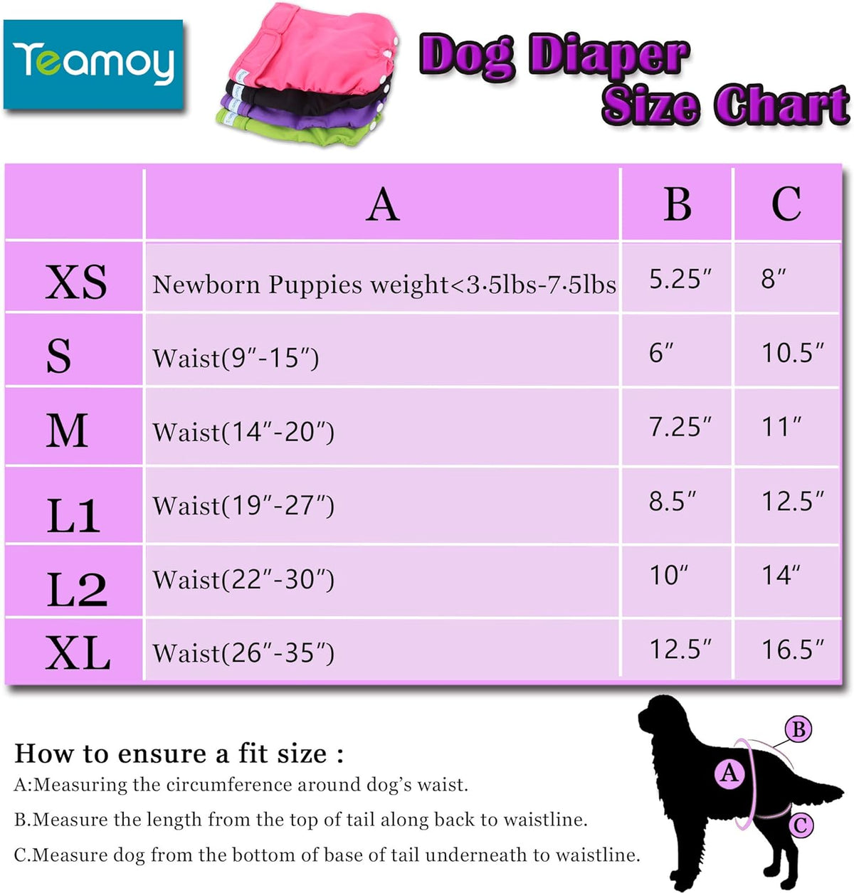 Teamoy Female Dog Diapers, Washable Doggie Period Diaper - XS (Pack of 4) / Black+ Purple+ Green+ Rose Red (4pcs) - image 4