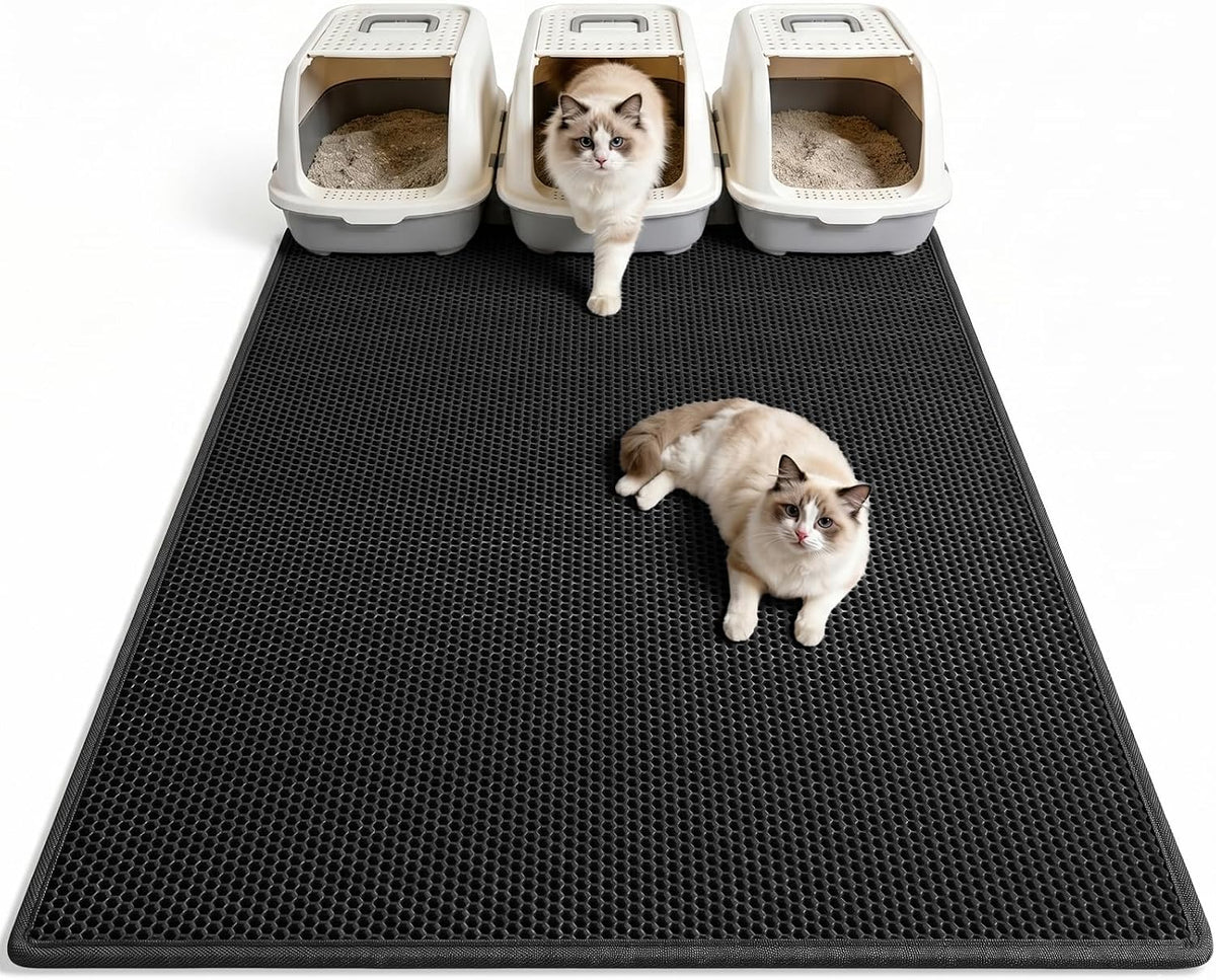 Pieviev Cat Litter Mat, Double-Layer Waterproof Litter Trap - Black / 47x36 Inch