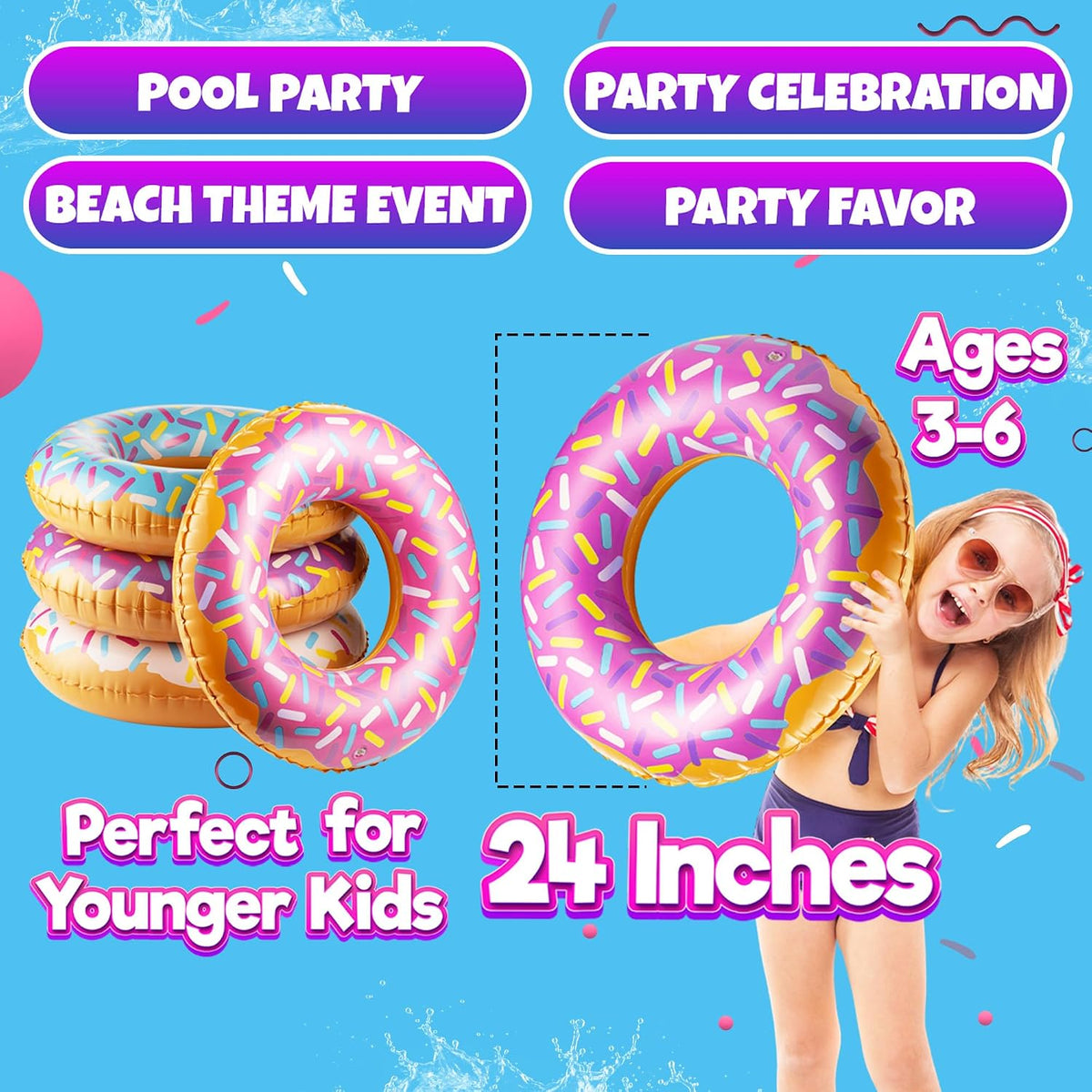 24-Inch Inflatable Donut Pool Floats Bulk Swim Rings for Kids – Fun for Kids & Family - image 3