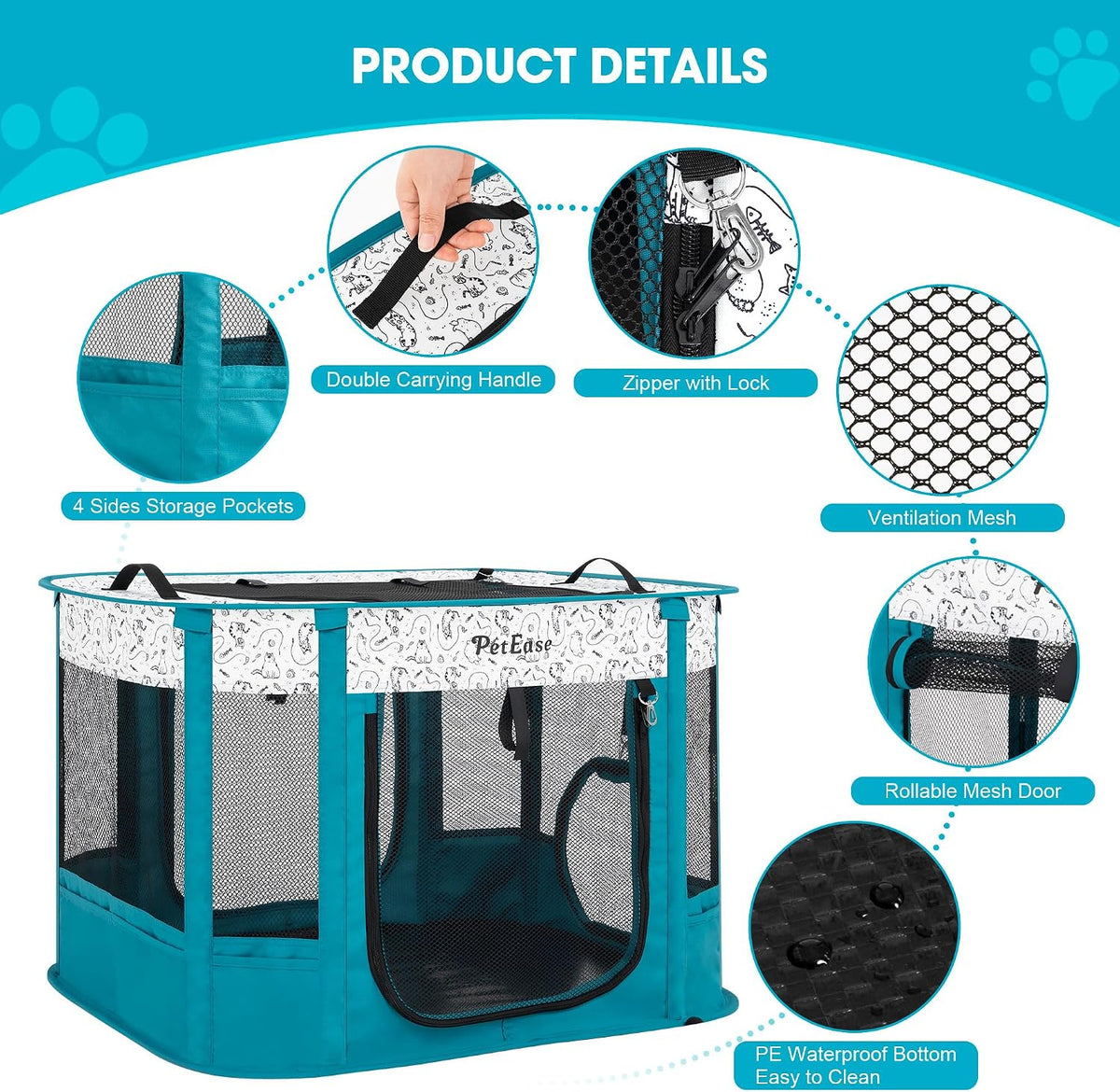 Portable Cat Playpen with Litter Box, Cat Enclosure for Camping - Peacock blue / Double - image 4