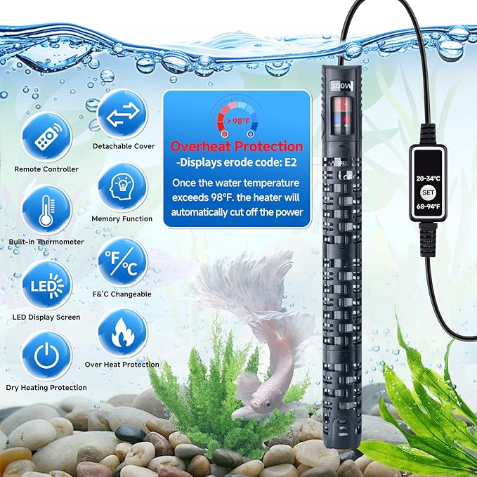 Aquarium Heater Submersible Fish Tank 50W& Turtle Tank Heater with External Adjustment Controller, Included Thermometer, LED Display, Overheat Protection, Detachable Cover, for Saltwater&Freshwater