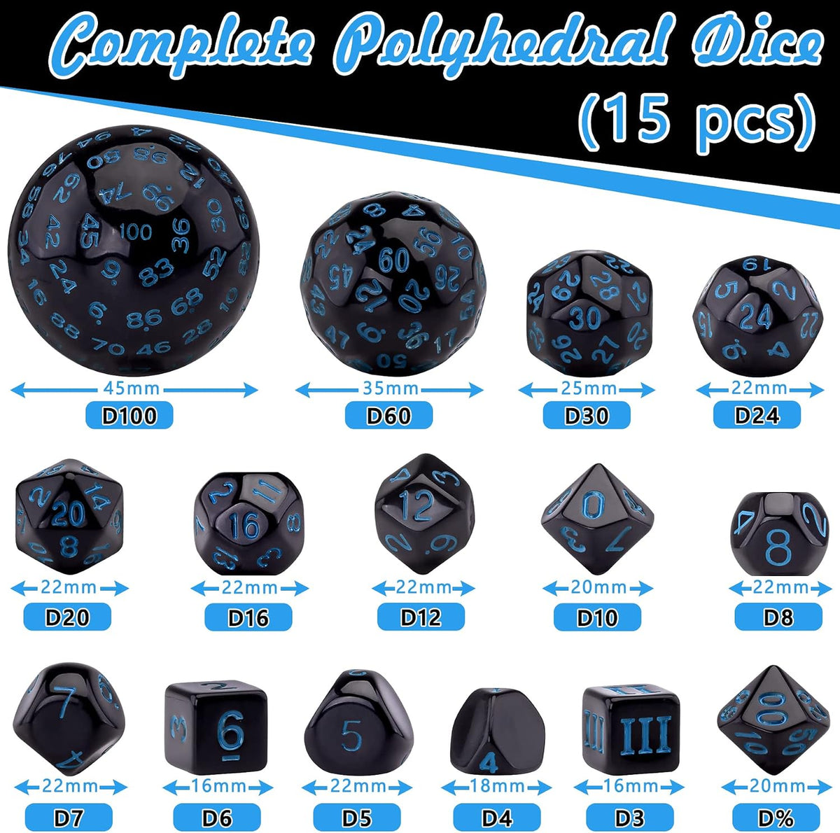 AUSTOR 15 Pieces Complete Polyhedral Dice Set D3-D100 Game Dice Set – Fun for Kids & Family - Black & Blue - image 2