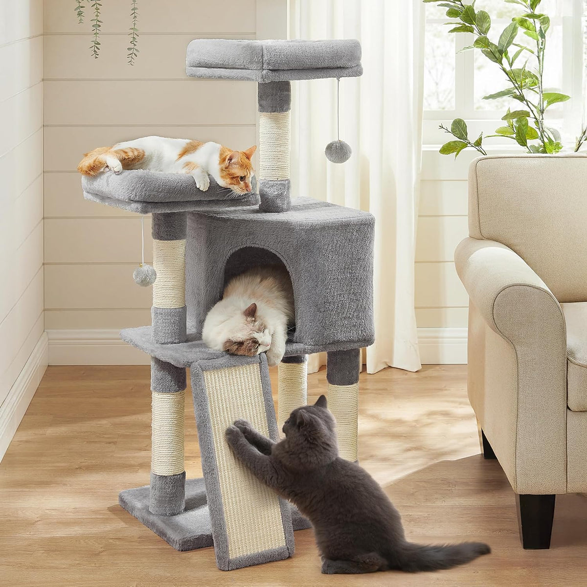 Feandrea Cat Tree, Plush Climbing Condo, Green - Light Gray