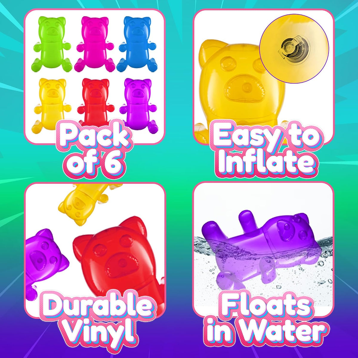 Bedwina inflatable gummy bears, six 24 inch transparent vinyl bears in bright candy colors - view 8