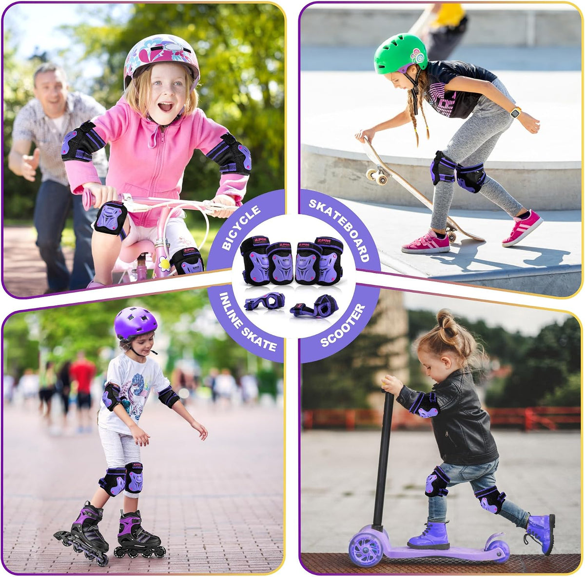 2PM SPORTS Knee and Elbow Pads Set with Wrist Guards for Kids Girls - Purple / Medium - image 3