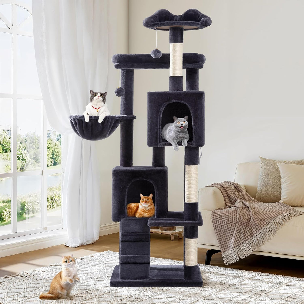 Allewie 64 Inches Cat Tree Tower/Multi-Level Activity Center - Dary Grey - image 2