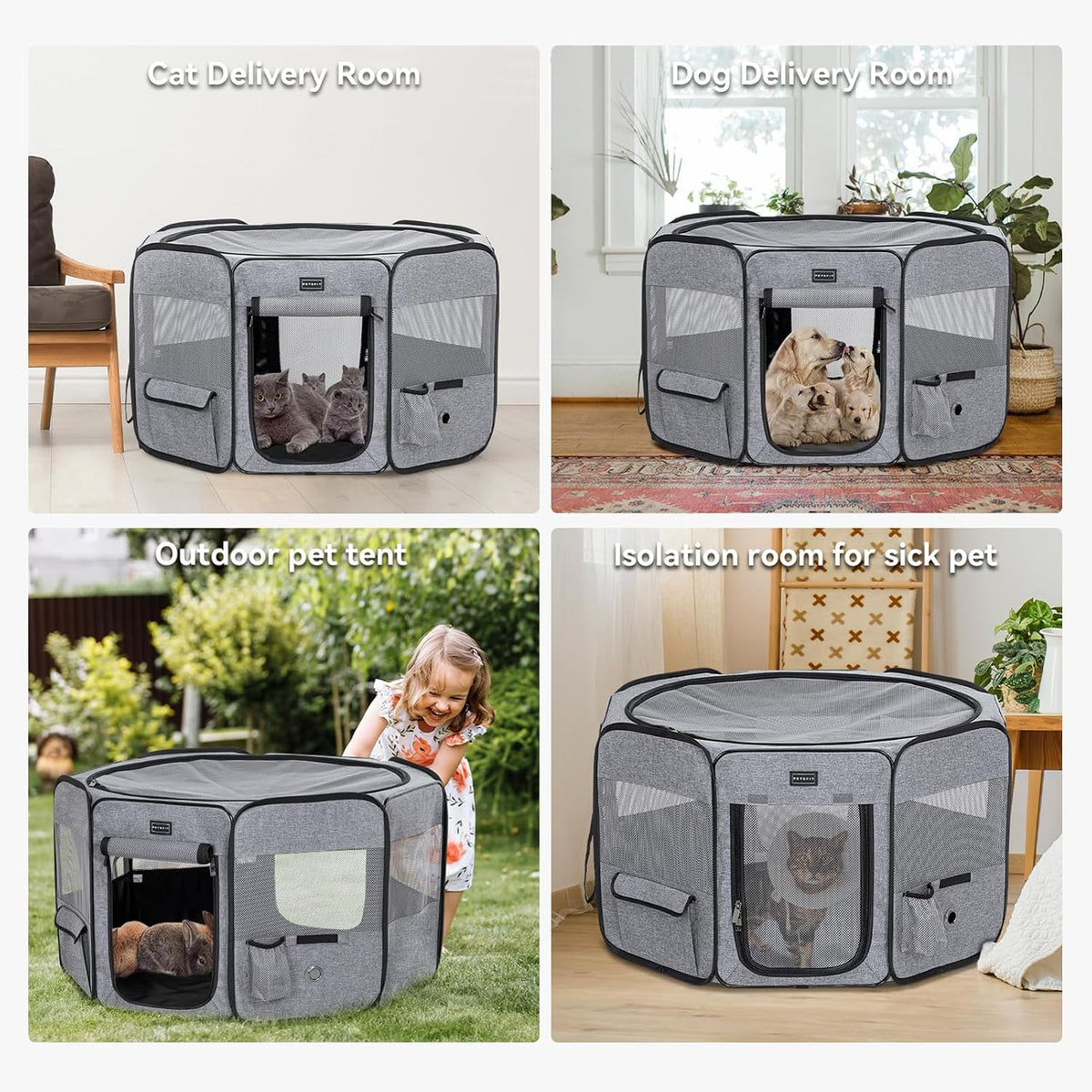 PETSFIT Portable Dog Playpen 36", Removable Waterproof Mat - Grey / Large (45.5"x45.5"x28.5", 2 Doors) - image 2