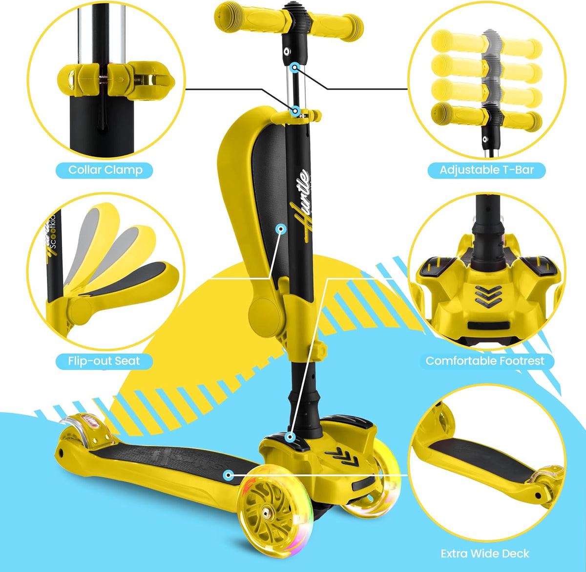 Hurtle 3-Wheeled Scooter for Kids, Wheel LED Lights - Yellow - image 3