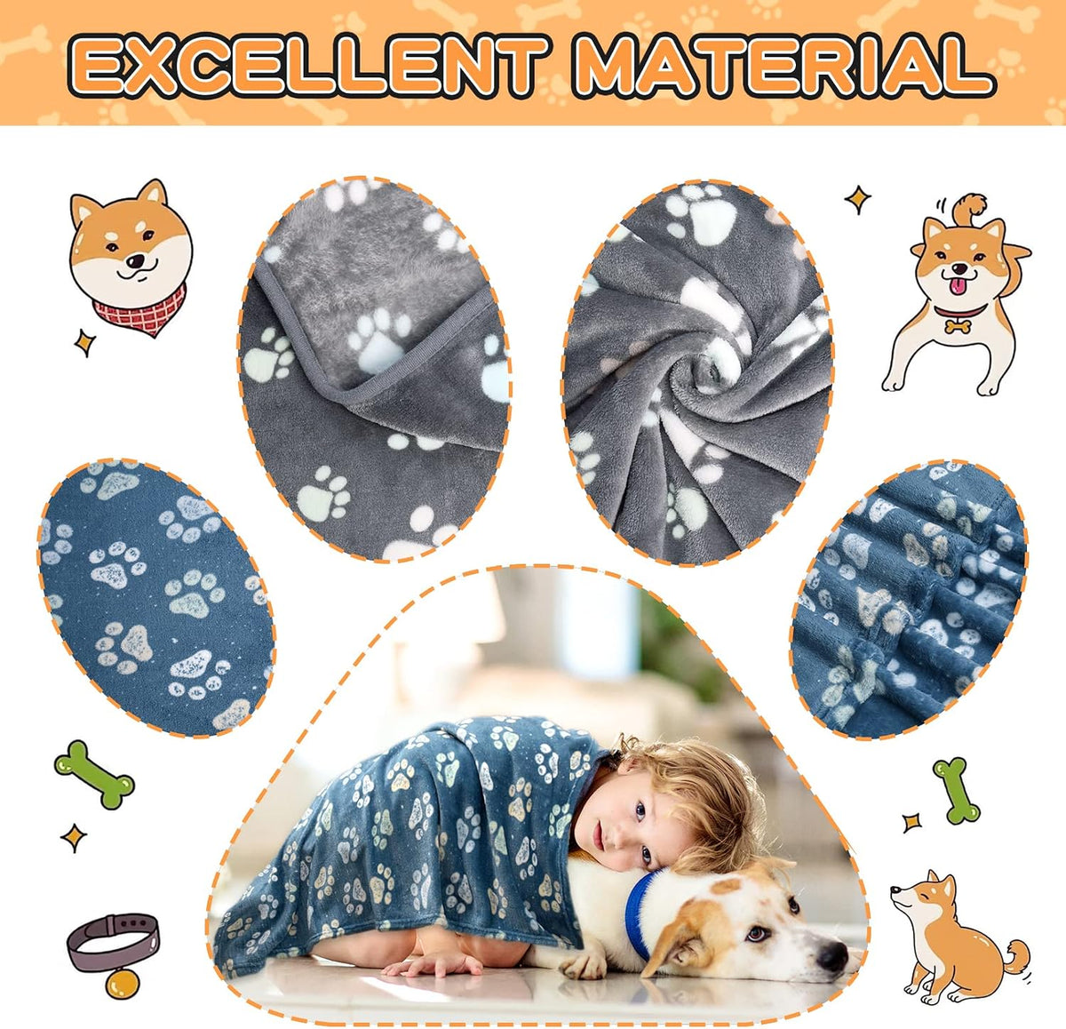 Rezutan Blanket for Large Dogs & Cats Soft Reversible Cute Paw 40"x31" – Essentials for Dogs - Blue 2pack+ Gray 1pack / Large,41x31inch - image 3