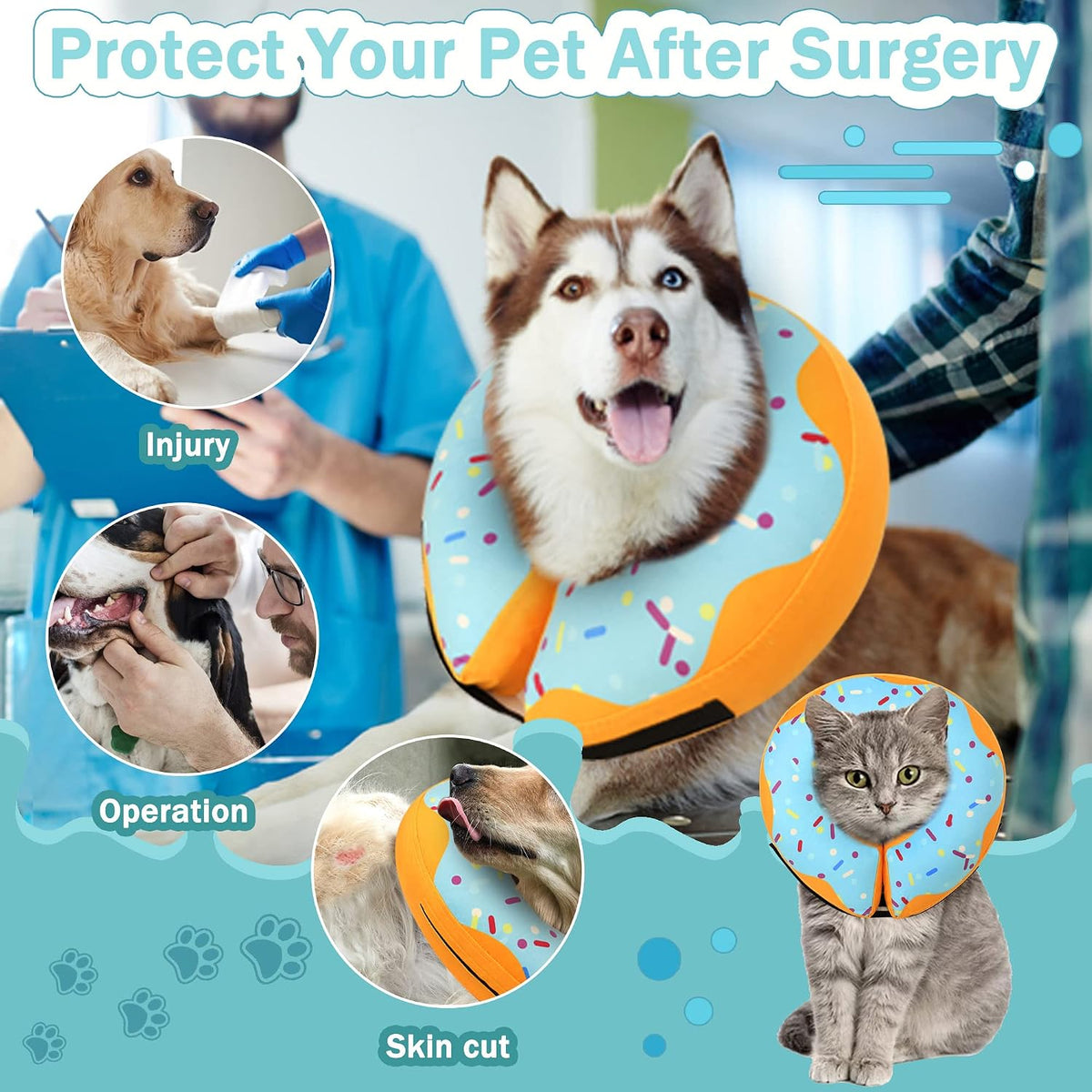 Inflatable donut recovery collar for dogs and cats with adjustable straps - view 2