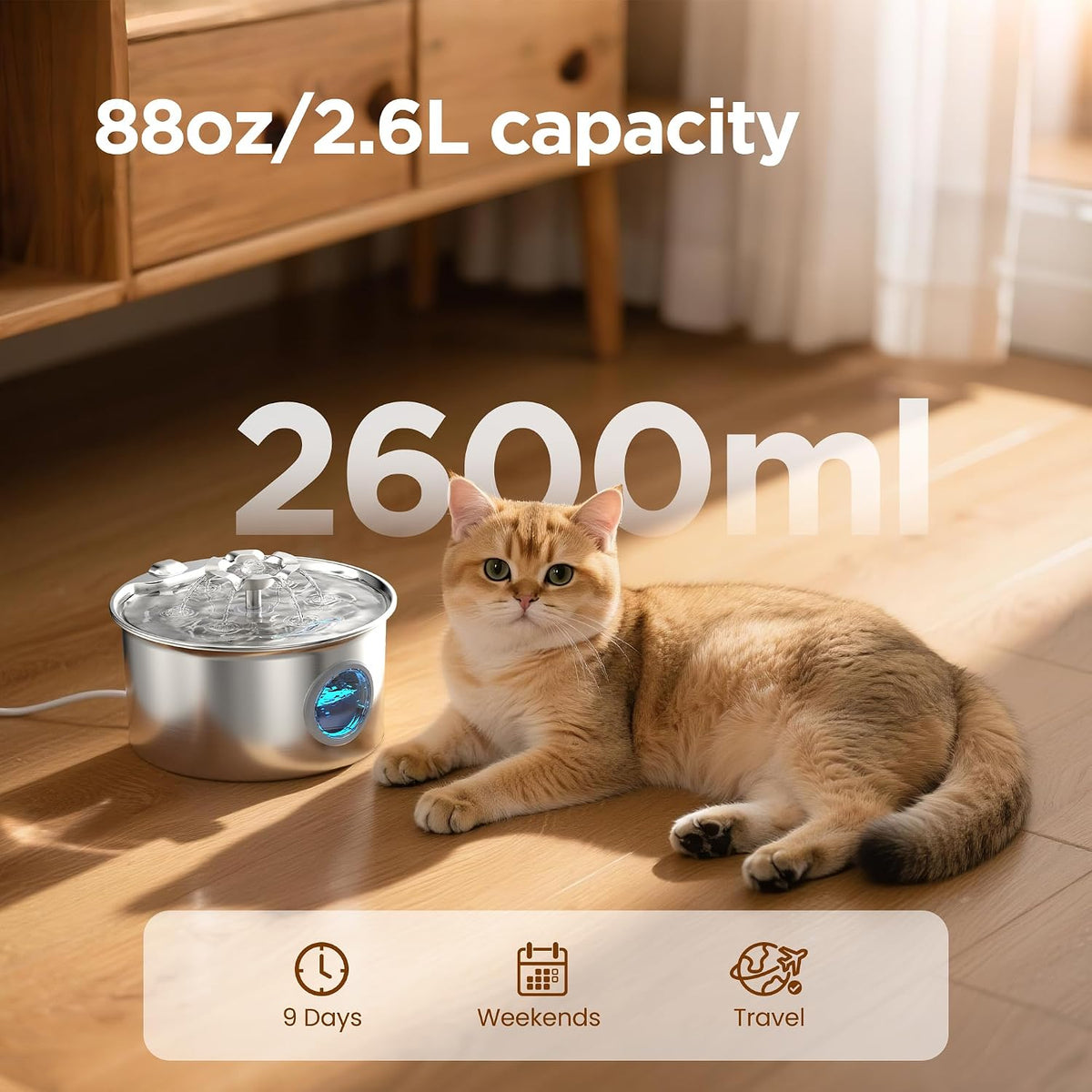Stainless Steel Cat Water Fountain: 88oz/2.6L Pet Fountain - Fountain + 6 filter & 3 sponge - image 2