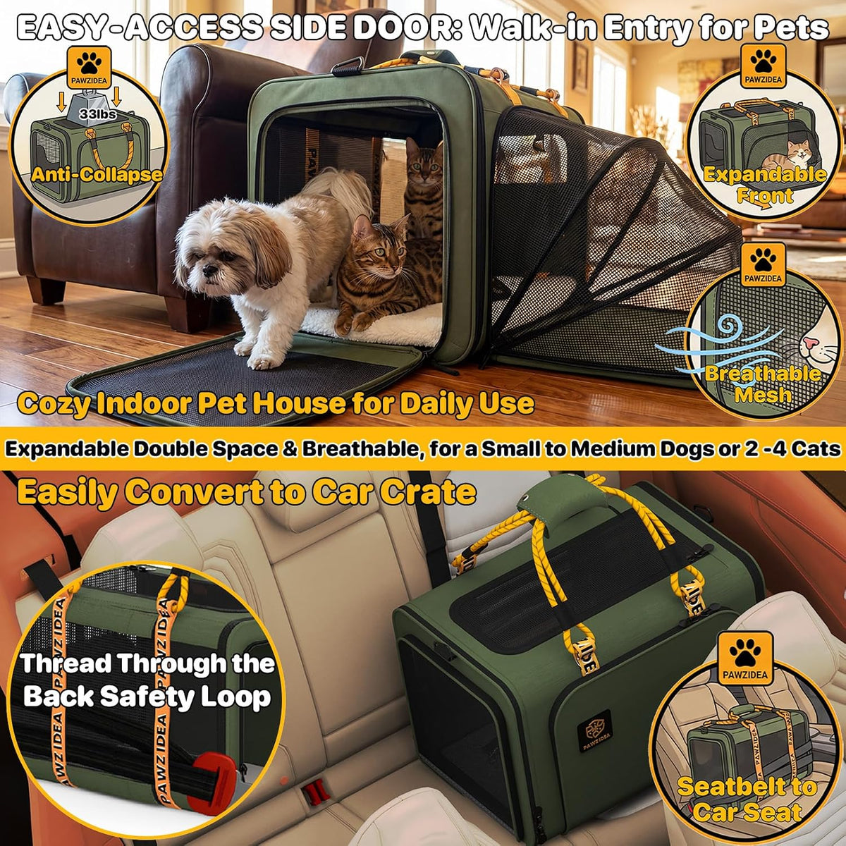 Expandable Pet Carrier for Small Cats & Dogs - 24.0"L x 16.0"W x 16.0"H / Forest Green - image 4