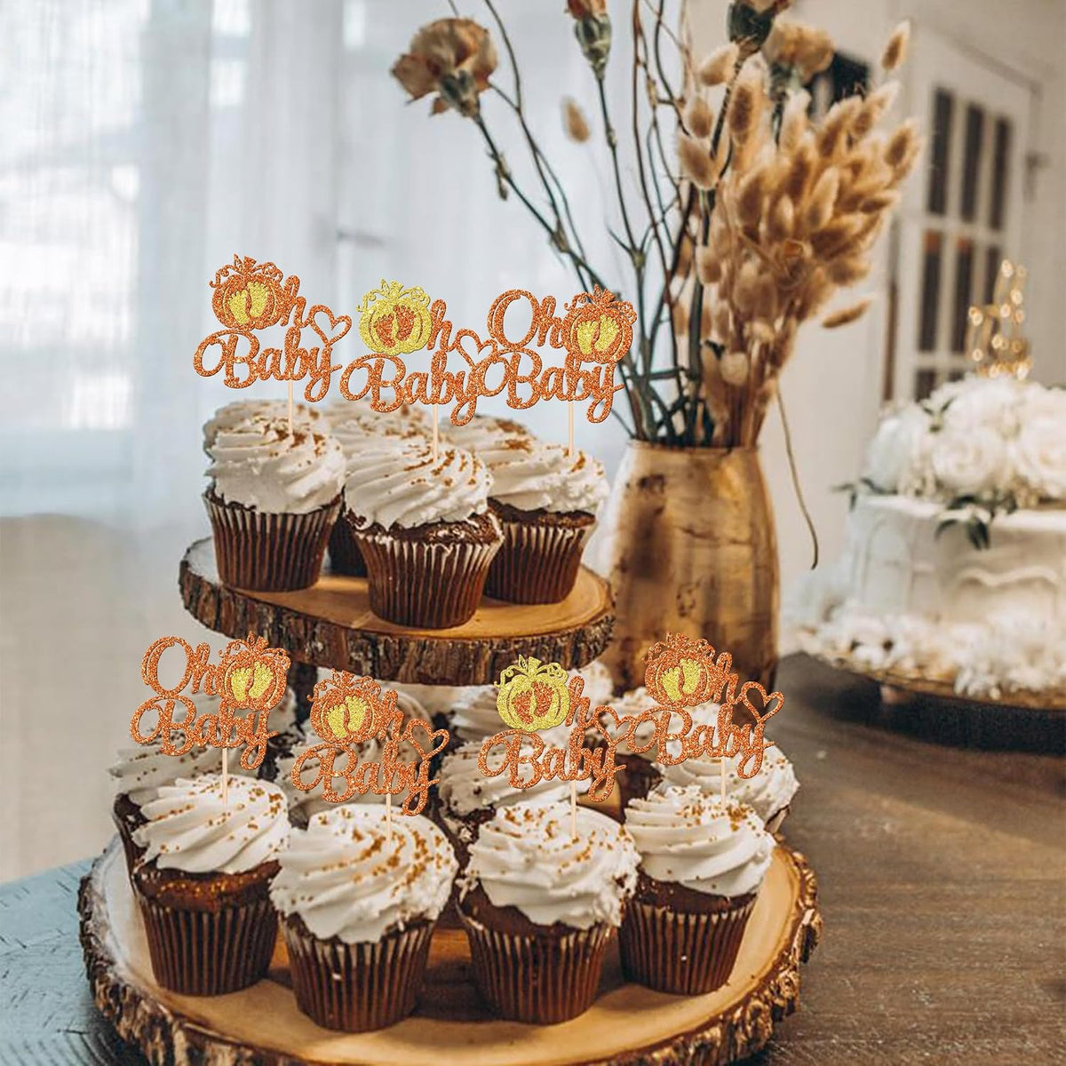 24 PCS Pumpkin Oh Baby Cupcake Toppers Glitter Fall Theme pumpkin - Pattern 1 Orange - image 4