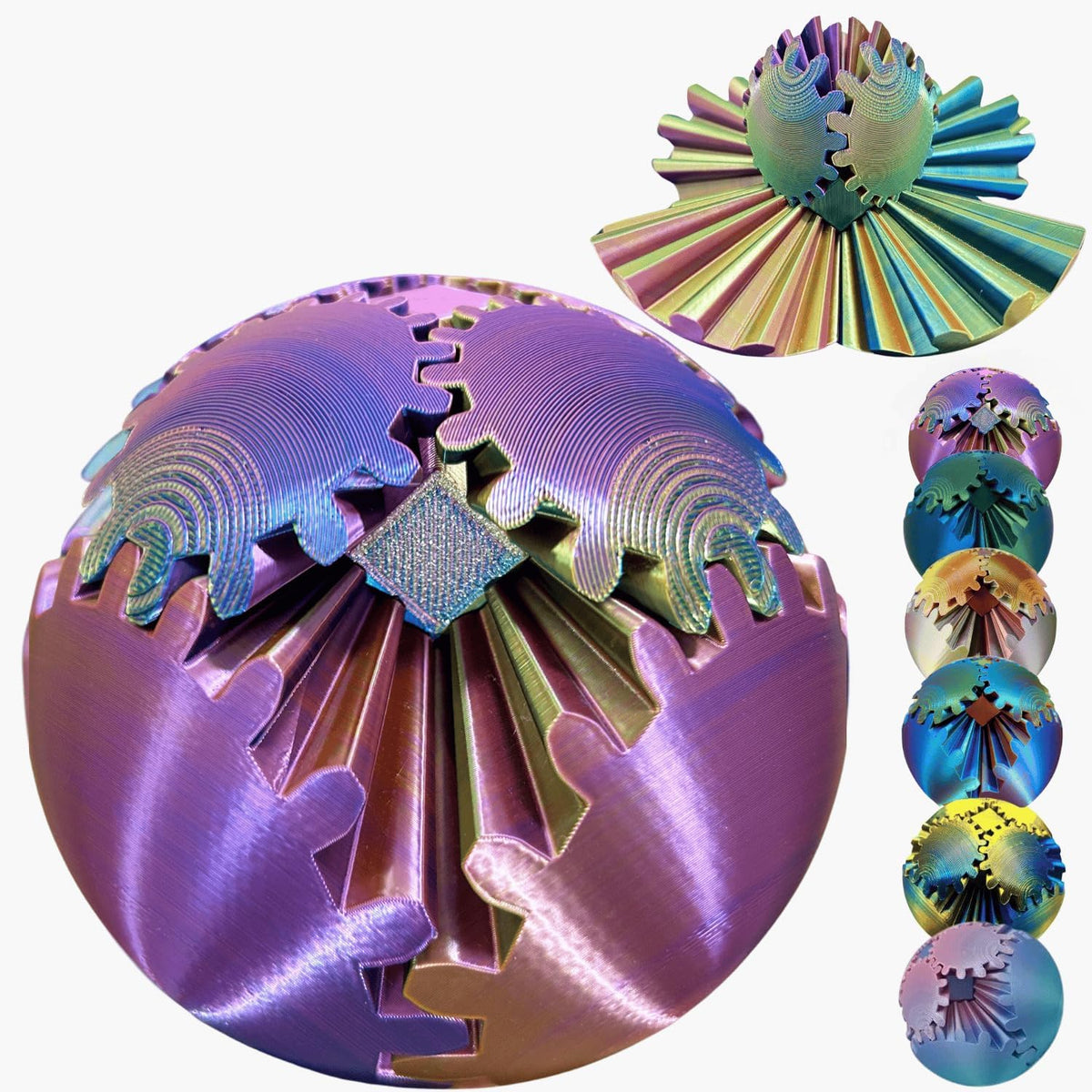 Gear Ball 3D Printed Spin Ball Cube Fidget Toys - Laser Purple Blue / 3.1 Inch
