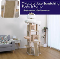 Catry 74.5" High 7-Level Extra Large Cat Tree with 2 Condos,2 Hammock,3 Washable Top Beds, Scratching Ramp Pad, Replaceable Scratching Posts, for Multi-Cat Homes (Light Brown &White)