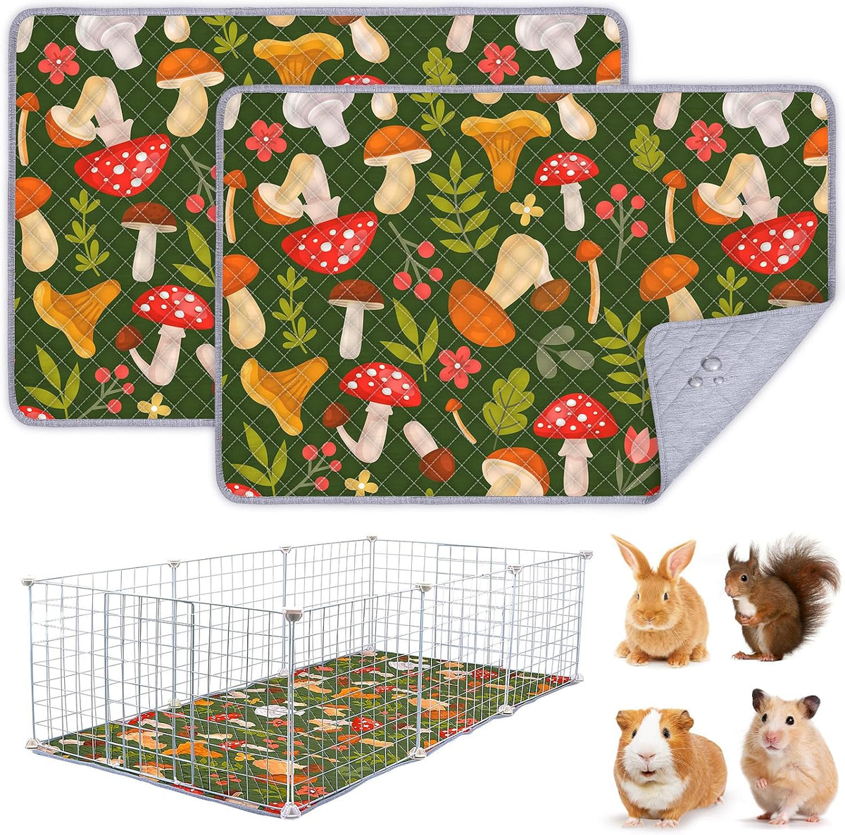 Unicorn Catcher 2 Pack Washable Guinea Pig Cage Liner - Mushrooms / 36X24in