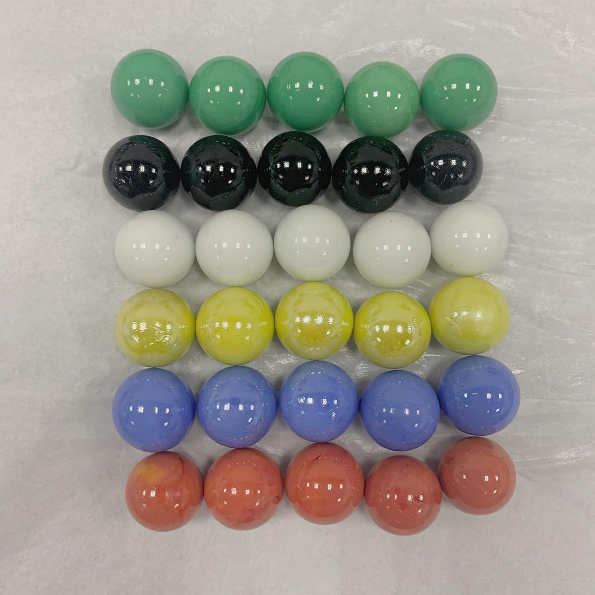 Set of 30 large 1 inch solid glass replacement marbles in red, blue, yellow, white, green and black
