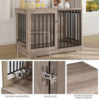 Dog Crate Furniture 47” Large Dog Kennel for Dogs Indoor, Heavy Duty Dog Cage with Sliding Door and 2 SUS Bowls Wooden End Table in Living Room for Small Medium Large Dogs, Rustic