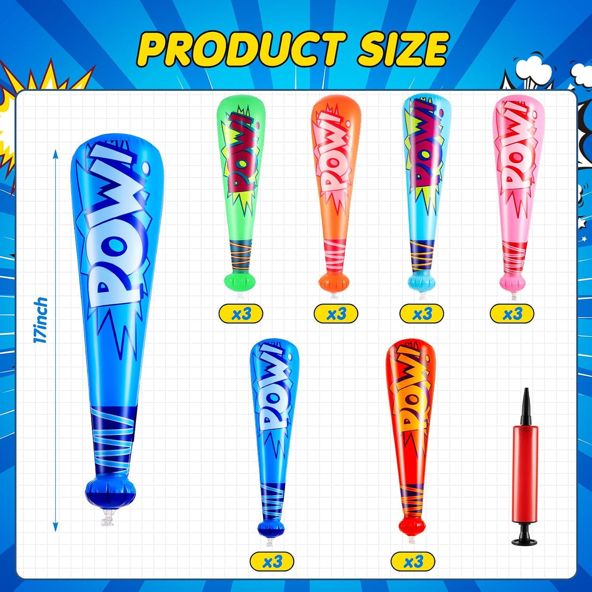 WILLBOND 18 pack 17 inch inflatable baseball bats in red, pink, blue and light blue with pump - view 12