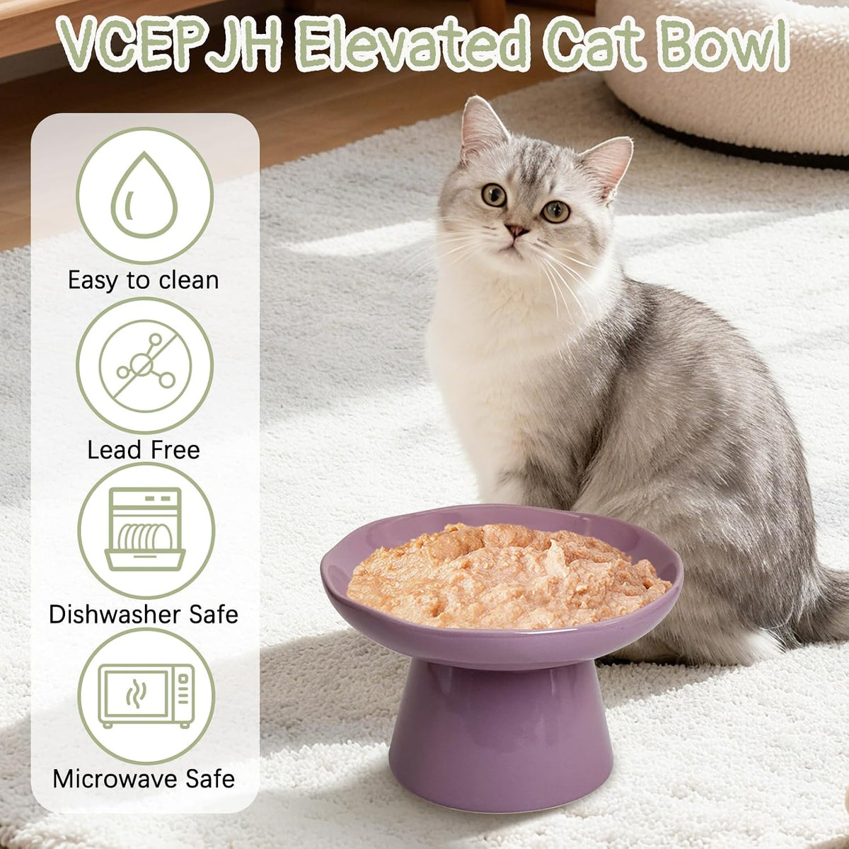 VCEPJH Elevated Cat Bowls 6.1in Wide Shallow Ceramic Raised Food Dish – Essentials for Cats - Purple(Pack of 1) - image 3