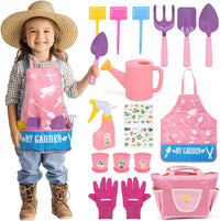 CUTE STONE kids gardening set with metal rake, trowel and pink tote bag