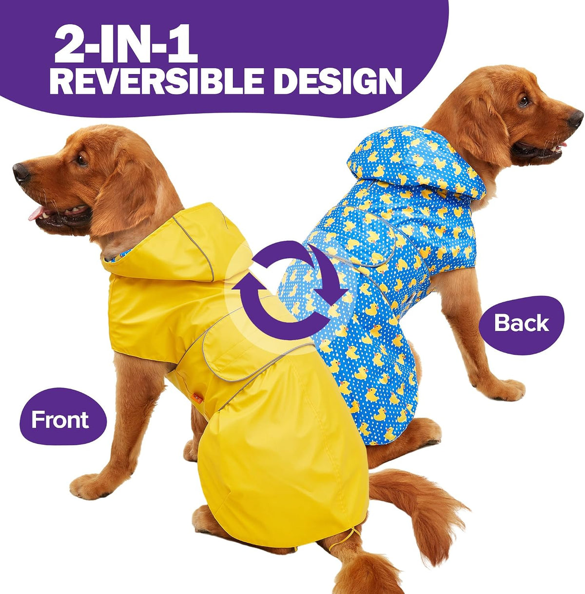 Reversible waterproof dog raincoat with reflective strips and leash hole - view 2