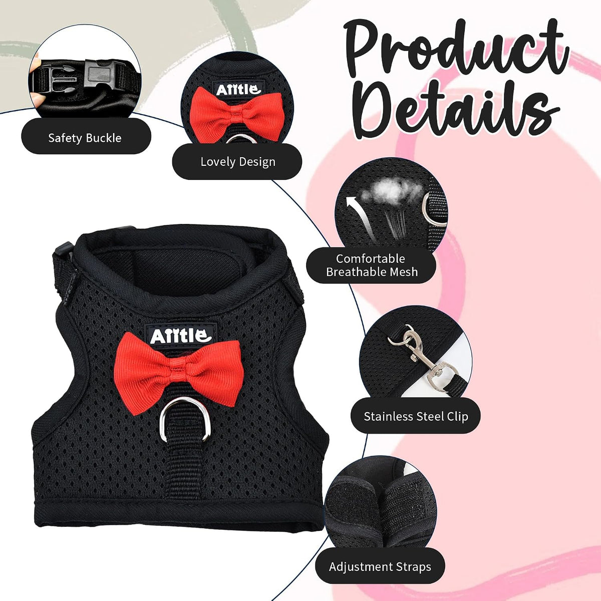 Breathable Bunny Harness and Leash Set with Cute Bow, Black S – Essentials for Small Pets - M / Black - image 4
