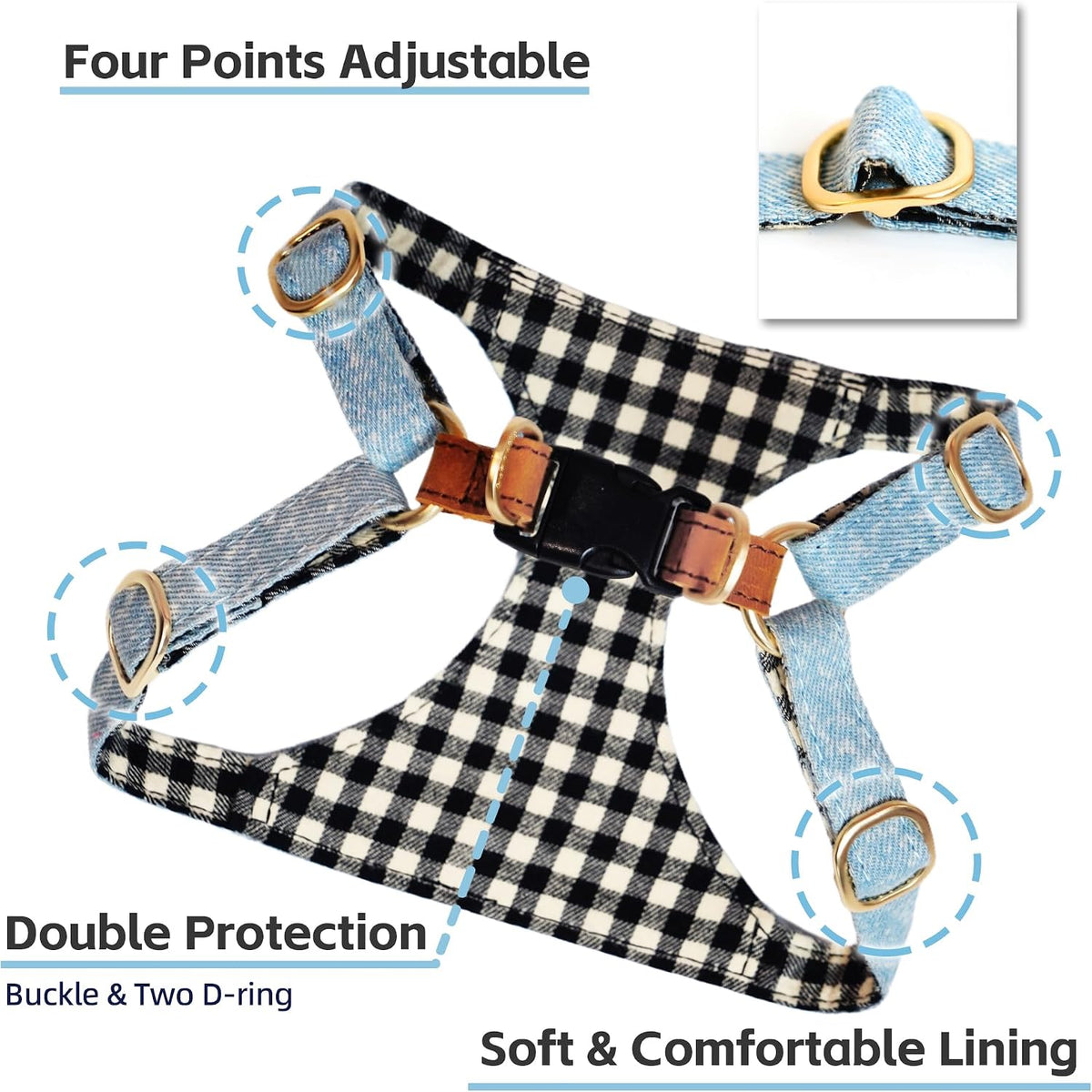 Puppytie XS Dog Harness and Leash Set, Denim Brown, XS – Essentials for Dogs - checked-black / XS(4.5-11lb) - image 3