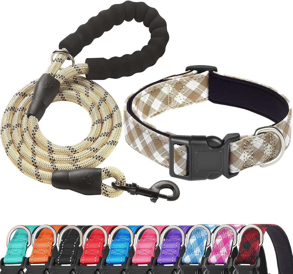 Ladoogo Reflective Dog Collar Padded with Soft Neoprene - Beige/White / Medium