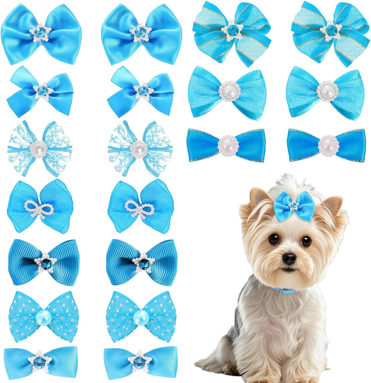 20PCS Cute Dog Hair Bows with Rubber Bands Handmade Mix Style - Sky Blue / Lovely Pattern