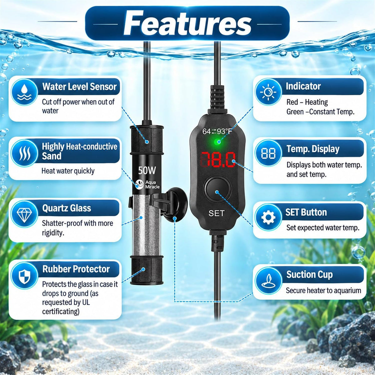 AquaMiracle Aquarium Heater 15W Fish Tank Heater for 1-3 Gallon Tanks – Essentials for Fish - For 5-10 Gal Tank - image 2