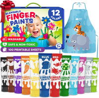 Momo & Nashi washable finger paint for toddlers with 12 color tubes and apron