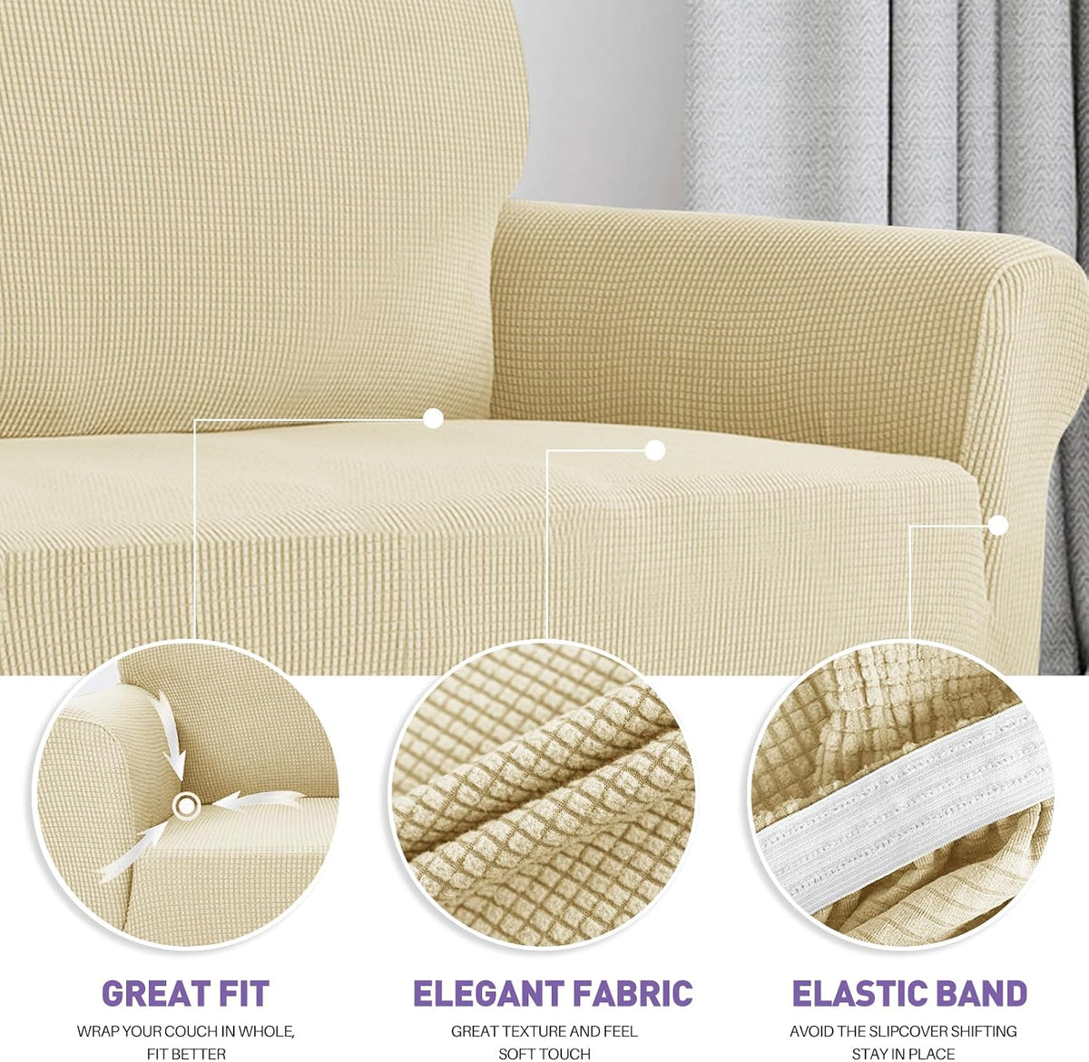 Super Stretch Couch Cover Universal Sofa Covers with Elastic Bottom - Beige / Small (30"-47") - image 4