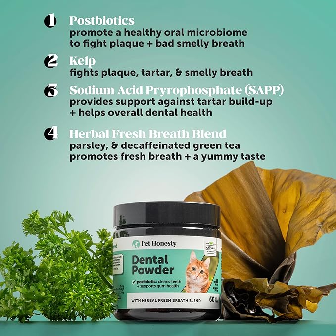 Cat Breath Freshener Dental Powder for Teeth Cleaning Plaque Off, Dental Care for Cats, Tartar Remover for Teeth with Natural Herbal Blend (60 Day Supply)