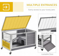 PawHut Wooden Rabbit Hutch Indoor Outdoor, Elevated Bunny Cage with No Leak Tray Enclosed Run with Wheels, Ideal for Guinea Pigs and Small Animals, Gray