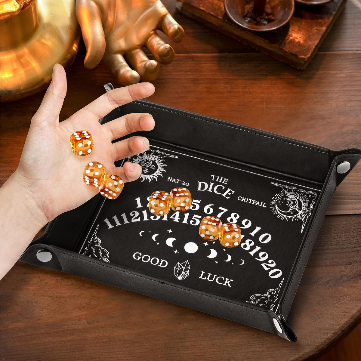 Haooryx Ouija design folding PU leather dice tray with raised edges and snap closure - view 4