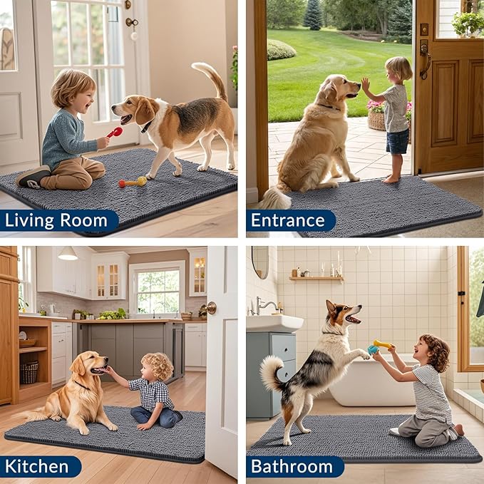 Smiry Dog Door Mat for Muddy Paws 36x24, Absorbs Moisture and Dirt Doormat, Non-Slip Washable Quick Dry Chenille Front Door Mat Indoor Entrance, Entryway Carpet for Inside Floor, Dark Grey