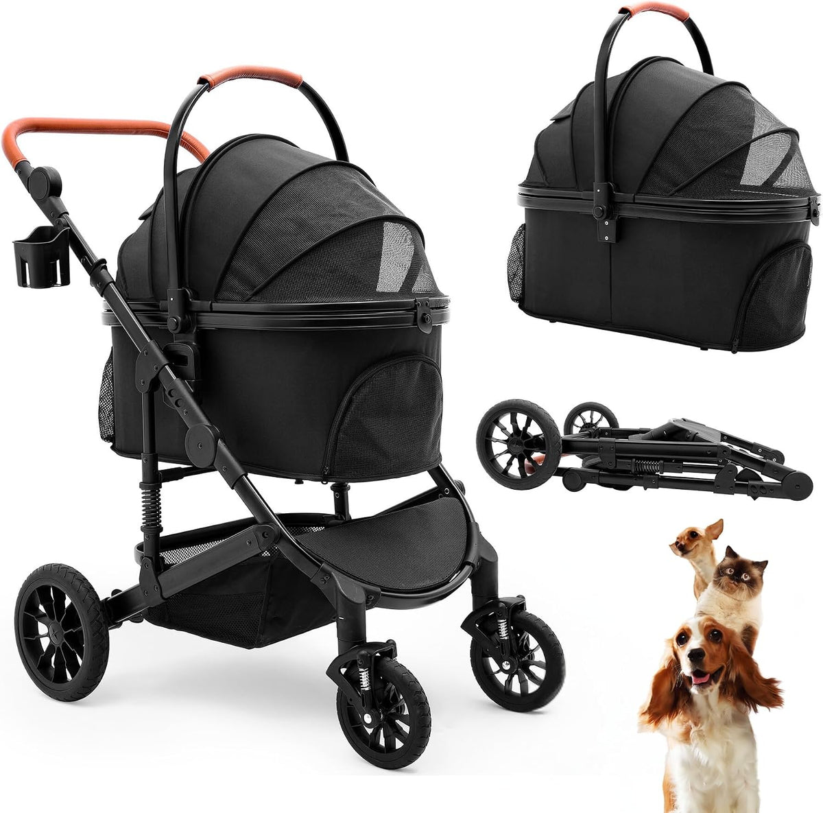 Bicystar Dog Stroller with Detachable Carrier, Rubber Wheels - Black