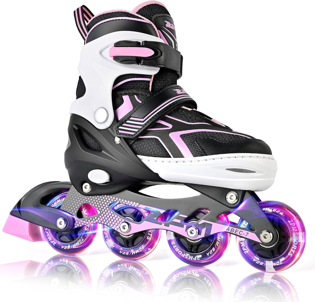 2PM SPORTS Adjustable Inline Skates for Kids, Youth and Adults – Fun for Kids & Family - H Black Pink / Medium - Big Kid (13C-4 US)