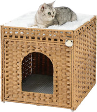 Cat Litter Box Enclosure Furniture, Hidden PE Rattan - Natural / Standard With 1 Cat Bed