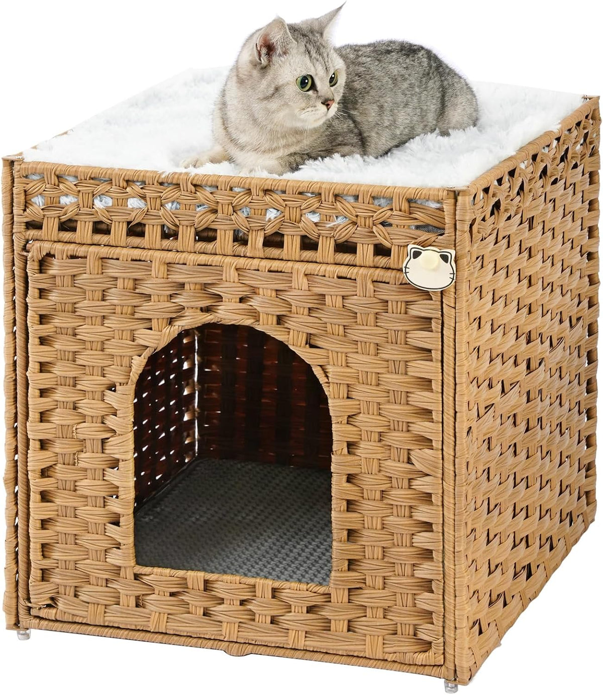 Cat Litter Box Enclosure Furniture, Hidden PE Rattan - Natural / Standard With 1 Cat Bed
