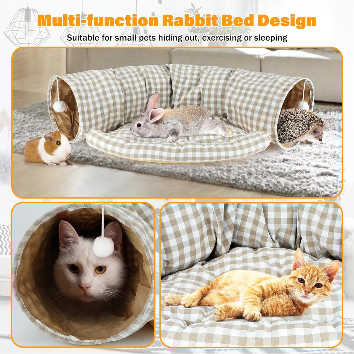 Bunny Tunnel Bed, 2-in-1 Collapsible Rabbit Tunnel Hideout with Mat – Essentials for Small Pets - YellowPlaid - image 4