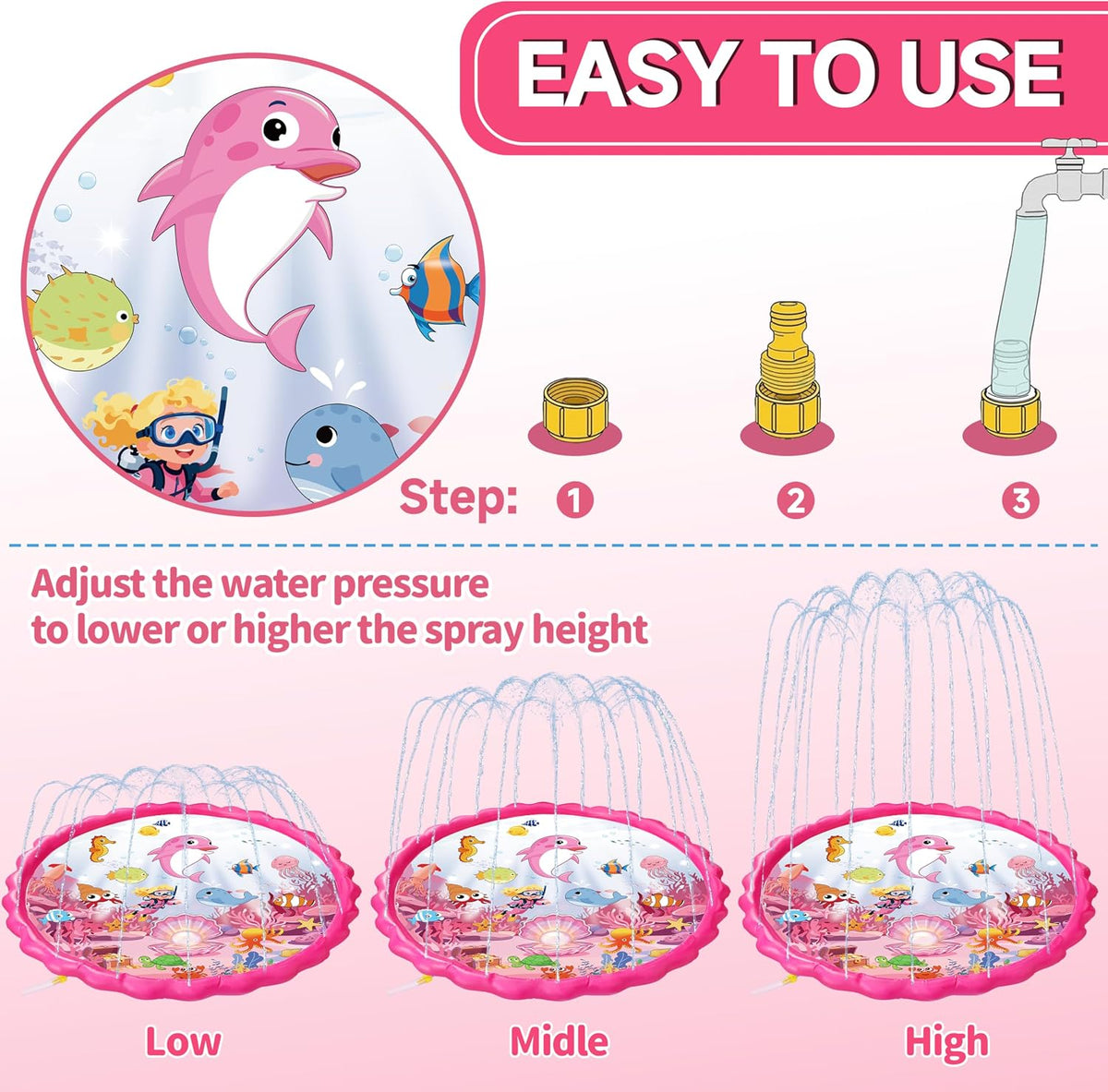 Yeeeasy 69 inch pink ocean splash pad for kids with water sprinkler - view 2