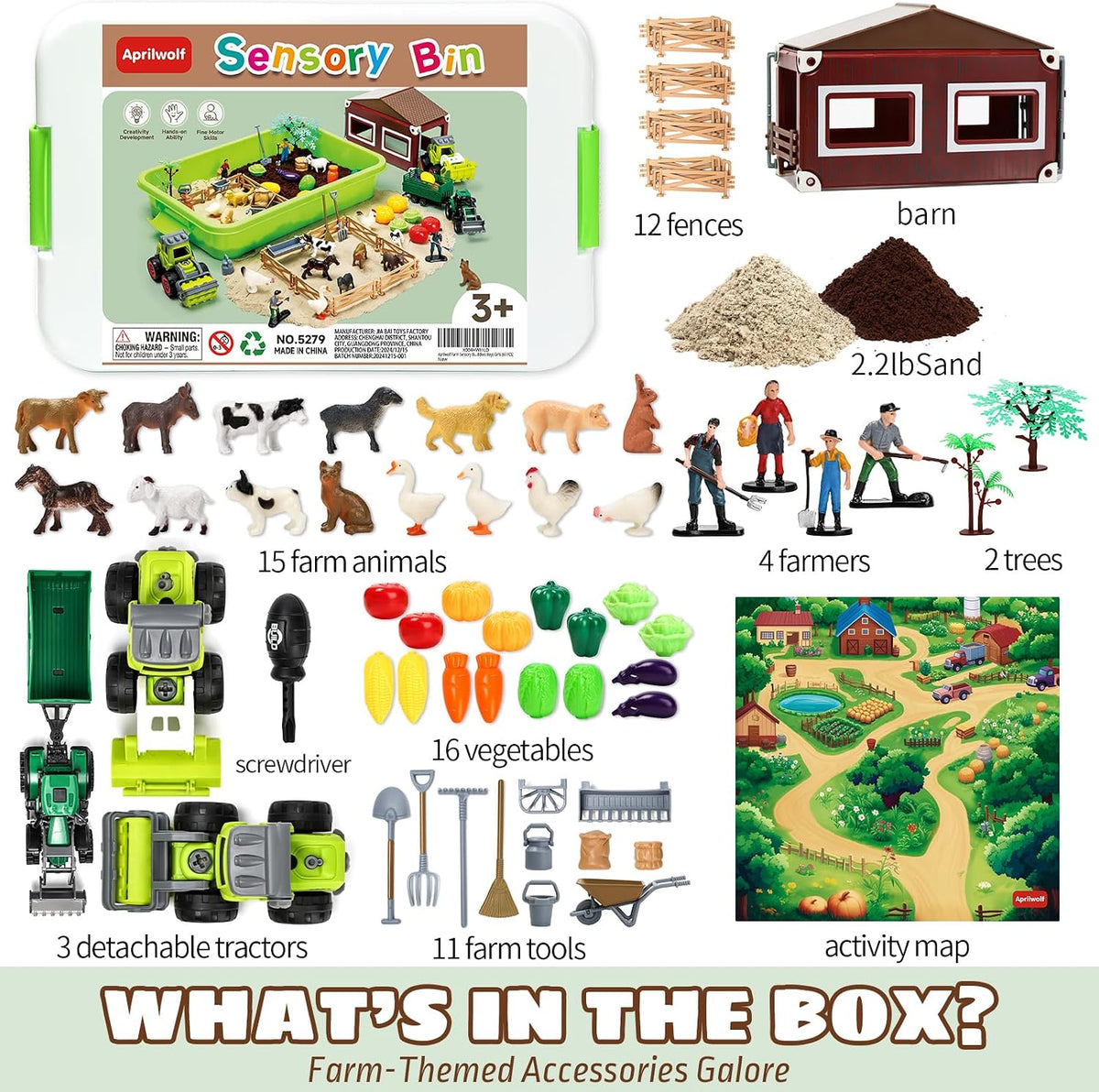 Aprilwolf 69-piece farm sensory bin with play sand, tractors, animals and fences - view 2