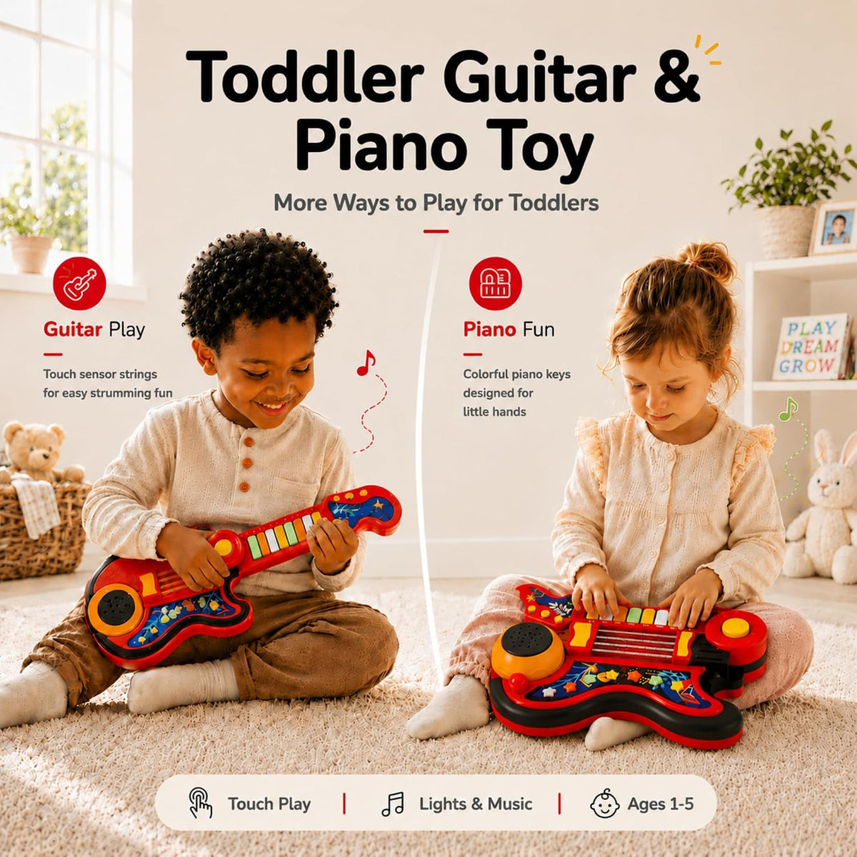 Toddler Guitar Toy, Kids Guitar and Piano with Lullaby Projector - Red - image 2