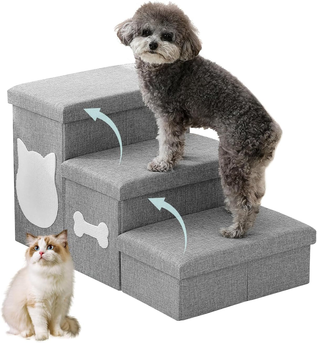 3-Step Dog Stairs for Small Dogs, Folding Dog Steps for Bed - Grey / 3-Step
